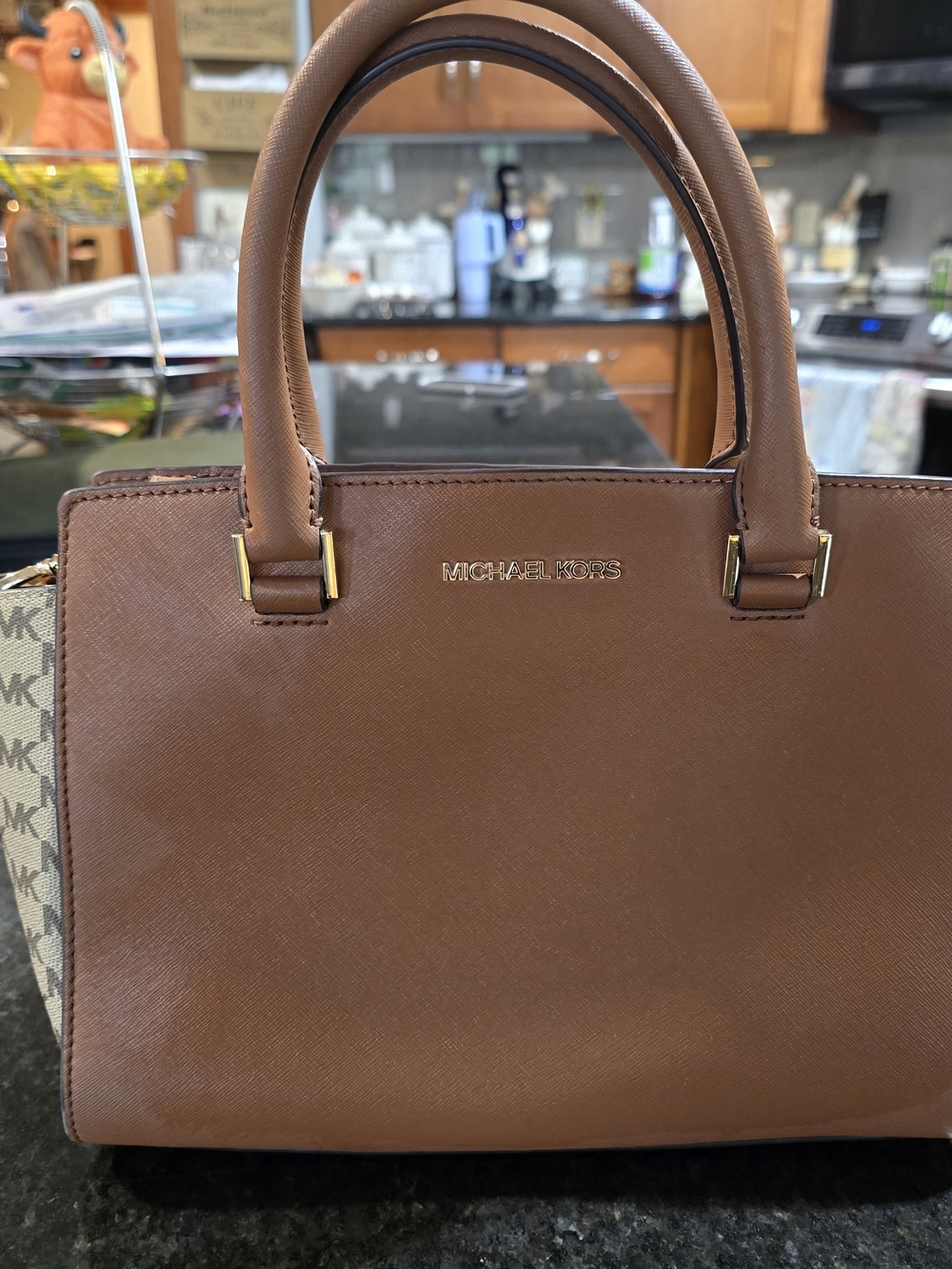 Michael Kors Tan Brown Saffiano Leather Satchel with Logo Side Panels